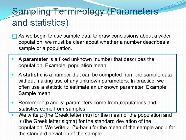 Sampling Terminology (Parameters and statistics) � 
