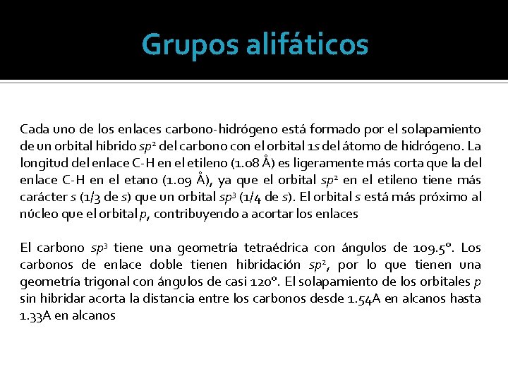 Grupos alifáticos Cada uno de los enlaces carbono-hidrógeno está formado por el solapamiento de