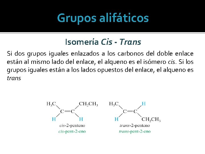 Grupos alifáticos Isomería Cis - Trans Si dos grupos iguales enlazados a los carbonos