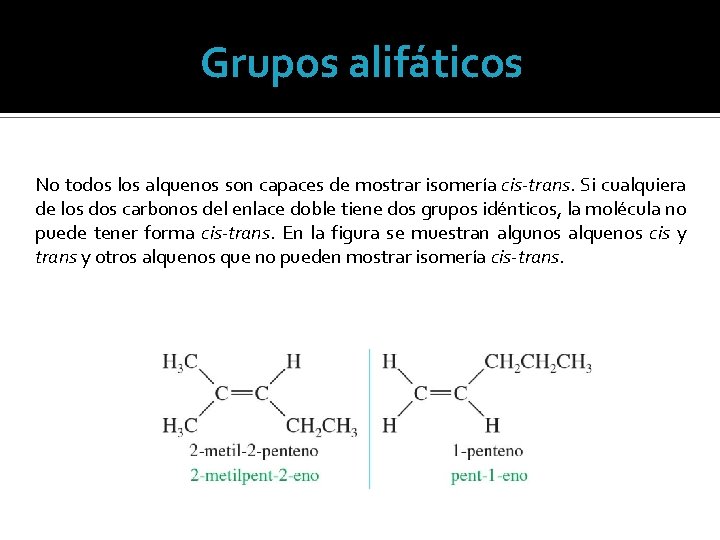 Grupos alifáticos No todos los alquenos son capaces de mostrar isomería cis-trans. Si cualquiera