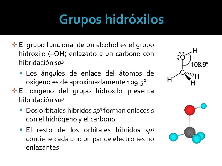 Grupos hidróxilos v El grupo funcional de un alcohol es el grupo hidroxilo (–OH)