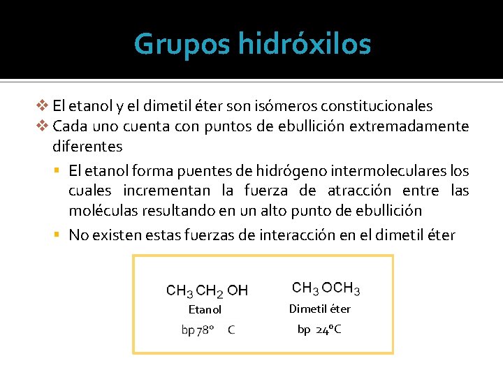 Grupos hidróxilos v El etanol y el dimetil éter son isómeros constitucionales v Cada