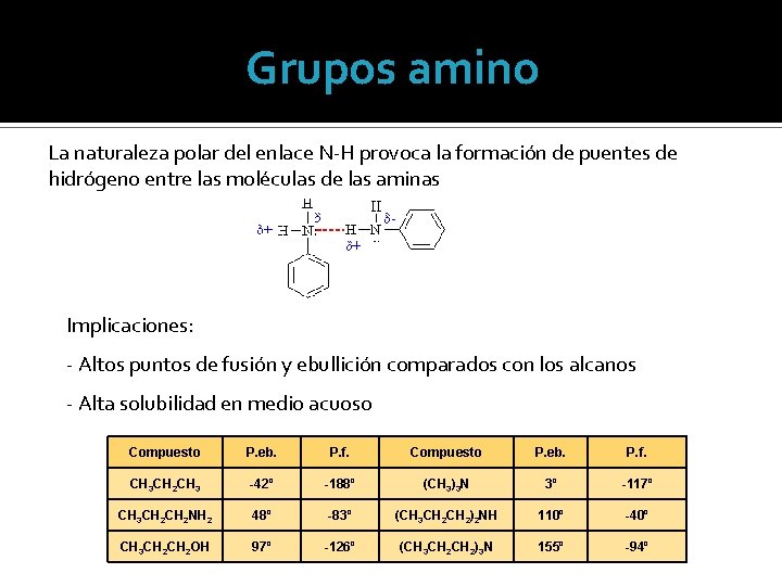 Grupos amino La naturaleza polar del enlace N-H provoca la formación de puentes de