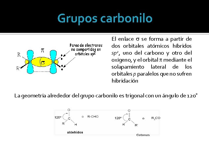 Grupos carbonilo El enlace s se forma a partir de dos orbitales atómicos híbridos