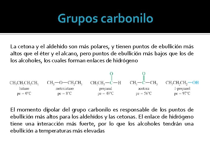 Grupos carbonilo La cetona y el aldehído son más polares, y tienen puntos de