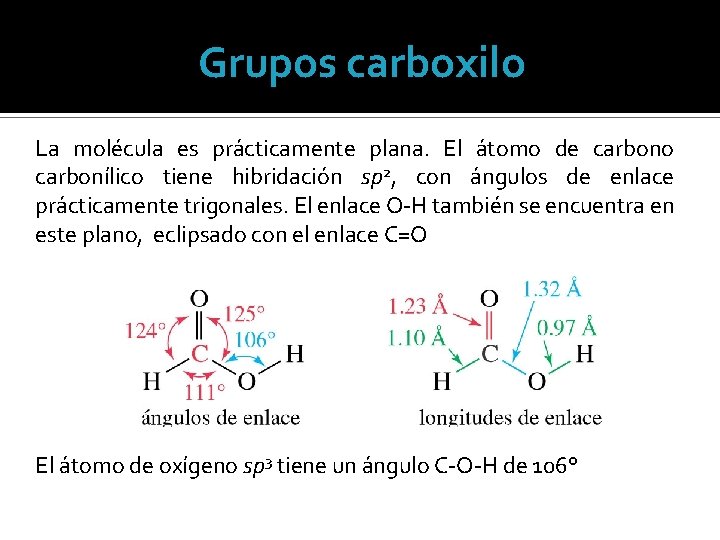Grupos carboxilo La molécula es prácticamente plana. El átomo de carbono carbonílico tiene hibridación