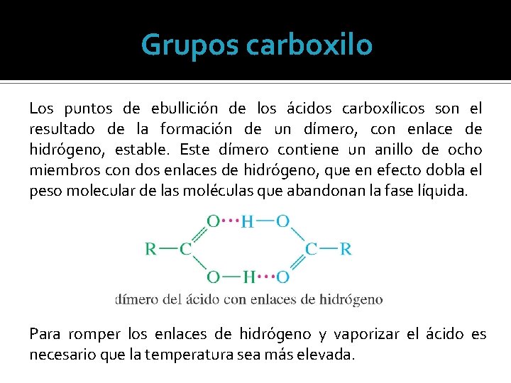 Grupos carboxilo Los puntos de ebullición de los ácidos carboxílicos son el resultado de
