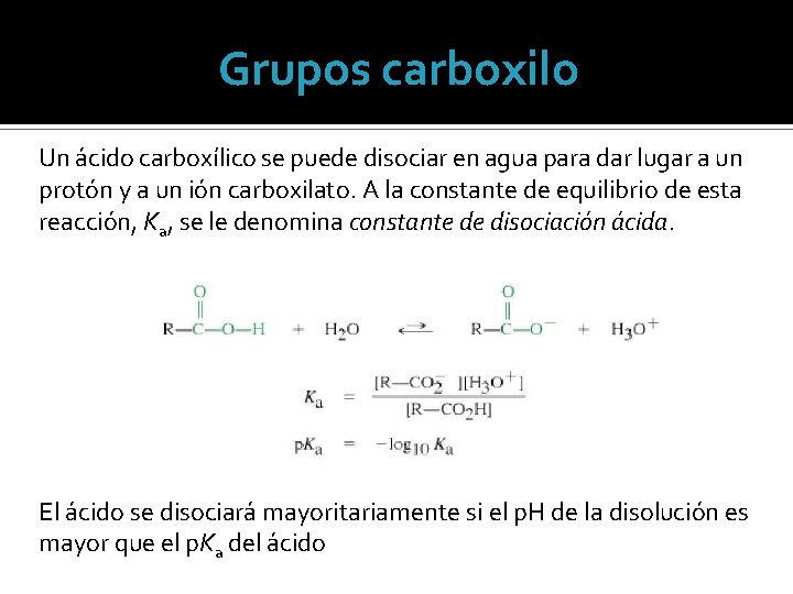 Grupos carboxilo Un ácido carboxílico se puede disociar en agua para dar lugar a