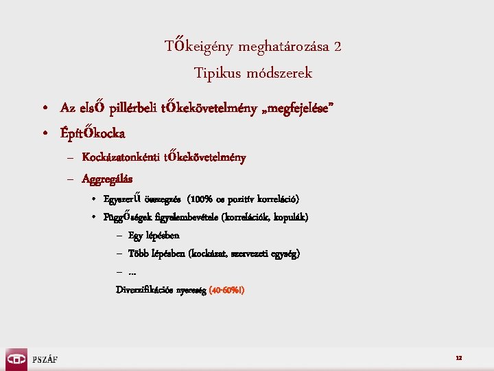 Tőkeigény meghatározása 2 Tipikus módszerek • Az első pillérbeli tőkekövetelmény „megfejelése” • Építőkocka –