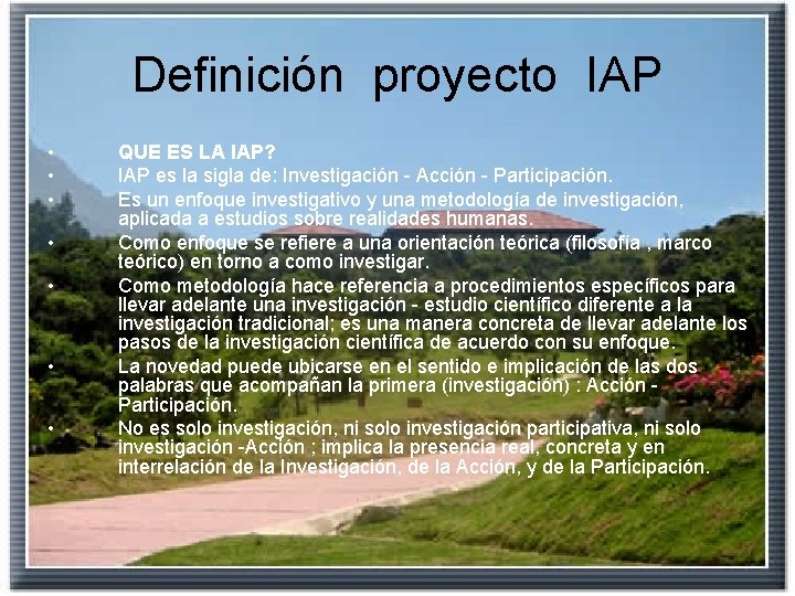 Definición proyecto IAP • • QUE ES LA IAP? IAP es la sigla de: