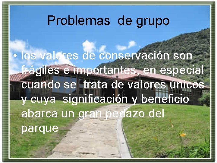 Problemas de grupo • los valores de conservación son frágiles e importantes, en especial