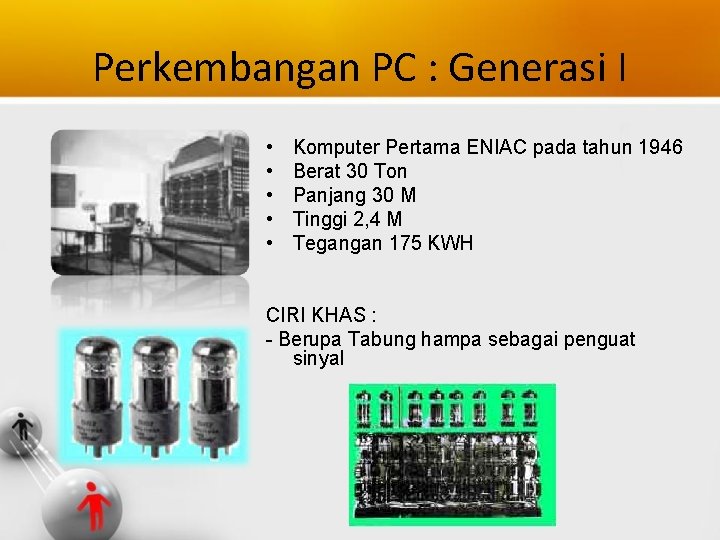 Perkembangan PC : Generasi I • • • Komputer Pertama ENIAC pada tahun 1946