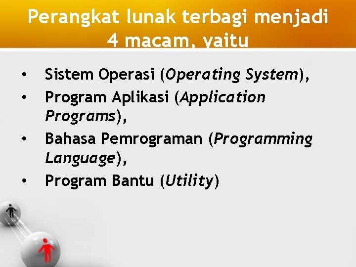 Perangkat lunak terbagi menjadi 4 macam, yaitu • • Sistem Operasi (Operating System), Program