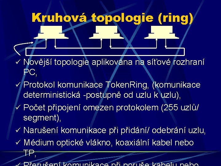 Kruhová topologie (ring) ü Novější topologie aplikována na síťové rozhraní PC, ü Protokol komunikace