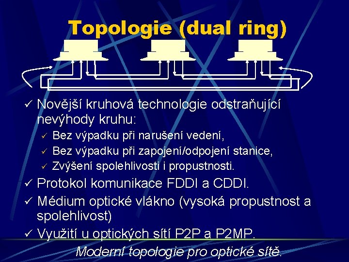 Topologie (dual ring) ü Novější kruhová technologie odstraňující nevýhody kruhu: ü ü ü Bez