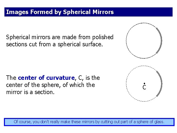 Images Formed by Spherical Mirrors Spherical mirrors are made from polished sections cut from