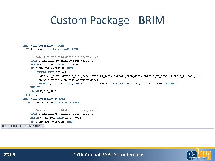 Custom Package - BRIM 2016 17 th Annual PABUG Conference 