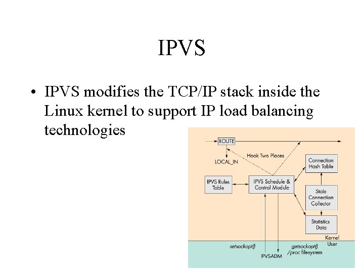 IPVS • IPVS modifies the TCP/IP stack inside the Linux kernel to support IP IPVS • IPVS modifies the TCP/IP stack inside the Linux kernel to support IP