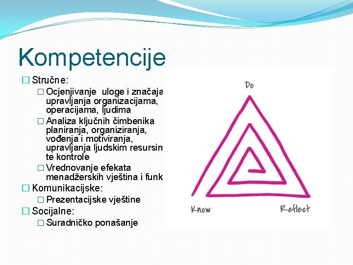 Kompetencije � Stručne: � Ocjenjivanje uloge i značaja upravljanja organizacijama, operacijama, ljudima � Analiza