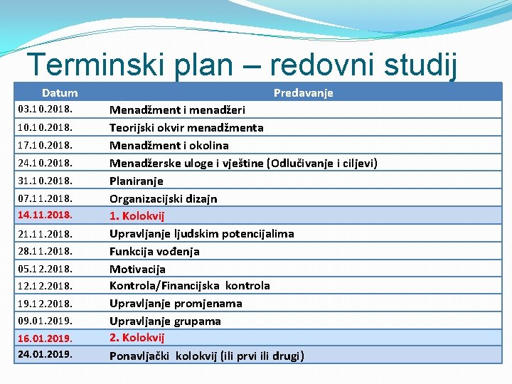 Terminski plan – redovni studij Datum 03. 10. 2018. 17. 10. 2018. 24. 10.