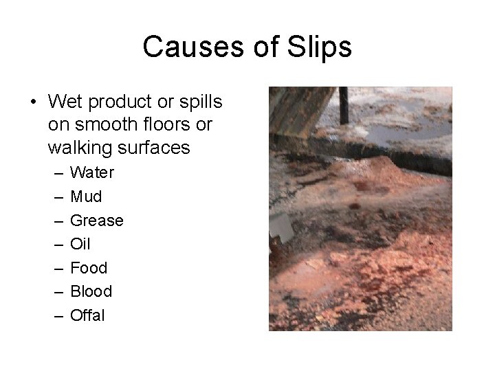 Causes of Slips • Wet product or spills on smooth floors or walking surfaces