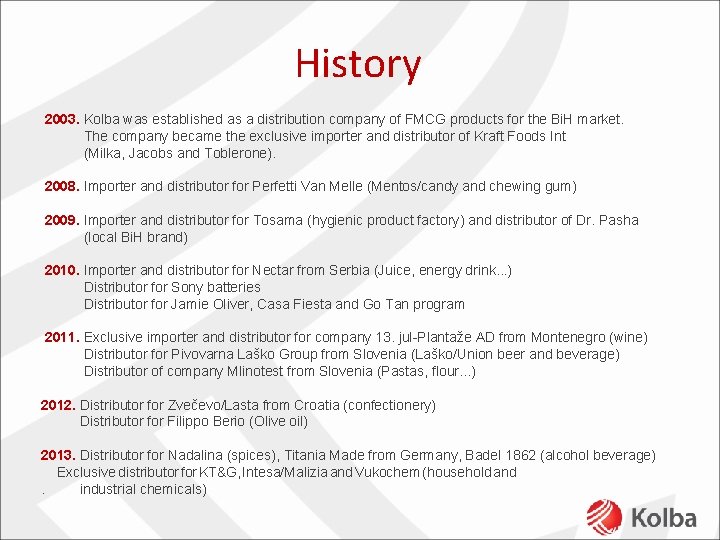 History 2003. Kolba was established as a distribution company of FMCG products for the