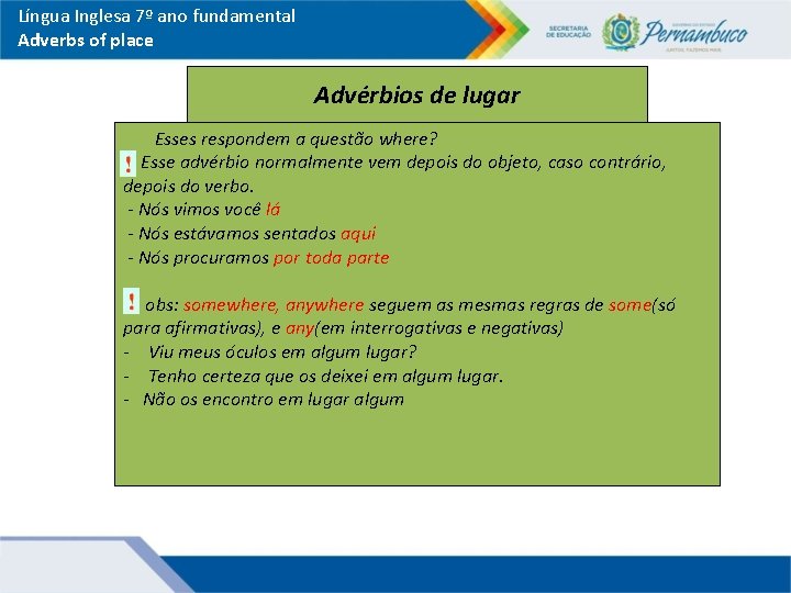 Língua Inglesa 7º ano fundamental Adverbs of place Advérbios de lugar Esses respondem a