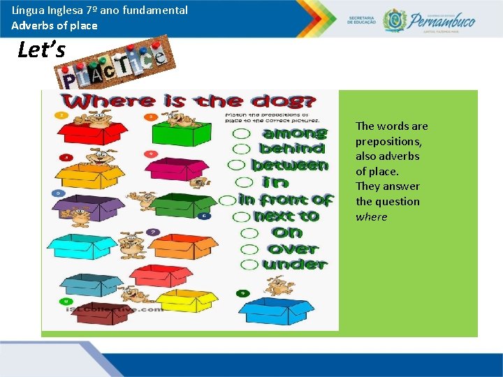 Língua Inglesa 7º ano fundamental Adverbs of place Let’s The words are prepositions, also