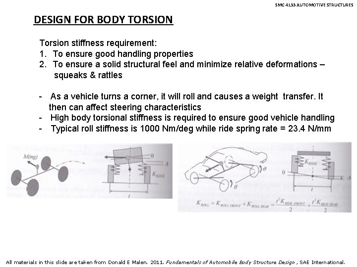 SMC 4133 AUTOMOTIVE STRUCTURES DESIGN FOR BODY TORSION Torsion stiffness requirement: 1. To ensure