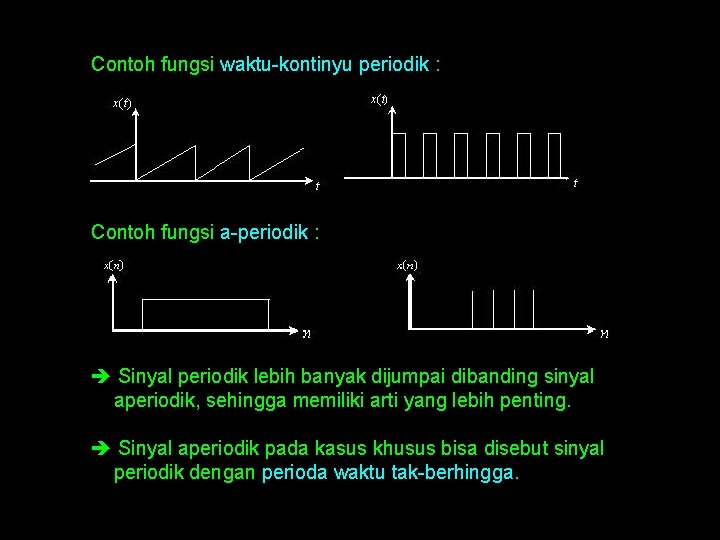 Contoh fungsi waktu-kontinyu periodik : Contoh fungsi a-periodik : Sinyal periodik lebih banyak dijumpai