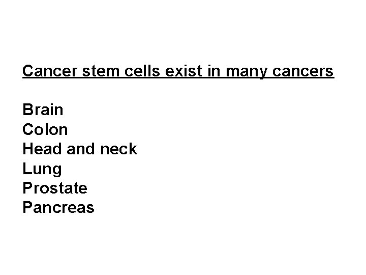 Cancer stem cells exist in many cancers Brain Colon Head and neck Lung Prostate