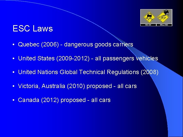 ESC Laws • Quebec (2006) - dangerous goods carriers • United States (2009 -2012)