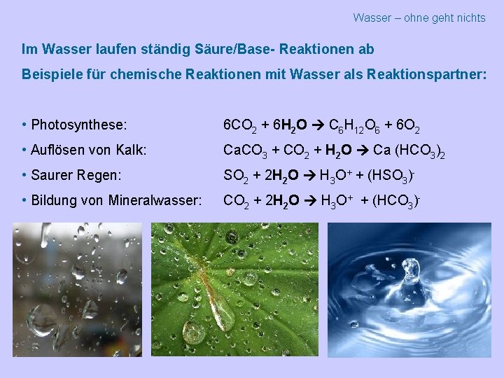 Wasser – ohne geht nichts Im Wasser laufen ständig Säure/Base- Reaktionen ab Beispiele für