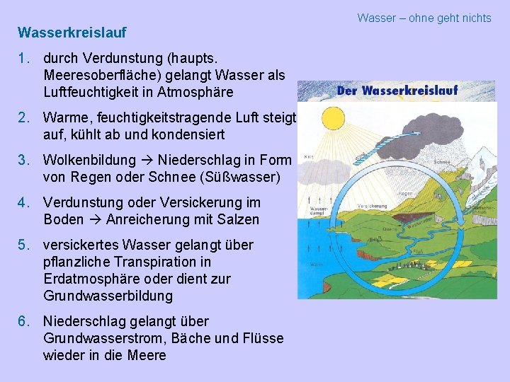 Wasser – ohne geht nichts Wasserkreislauf 1. durch Verdunstung (haupts. Meeresoberfläche) gelangt Wasser als