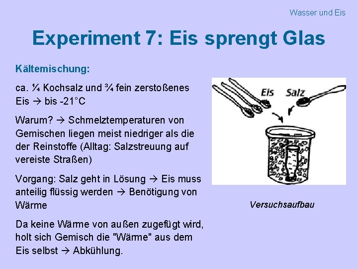 Wasser und Eis Experiment 7: Eis sprengt Glas Kältemischung: ca. ¼ Kochsalz und ¾