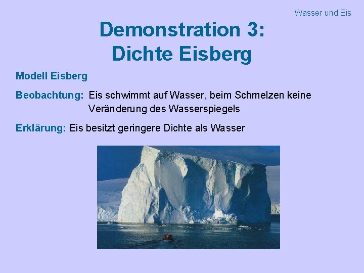 Wasser und Eis Demonstration 3: Dichte Eisberg Modell Eisberg Beobachtung: Eis schwimmt auf Wasser,