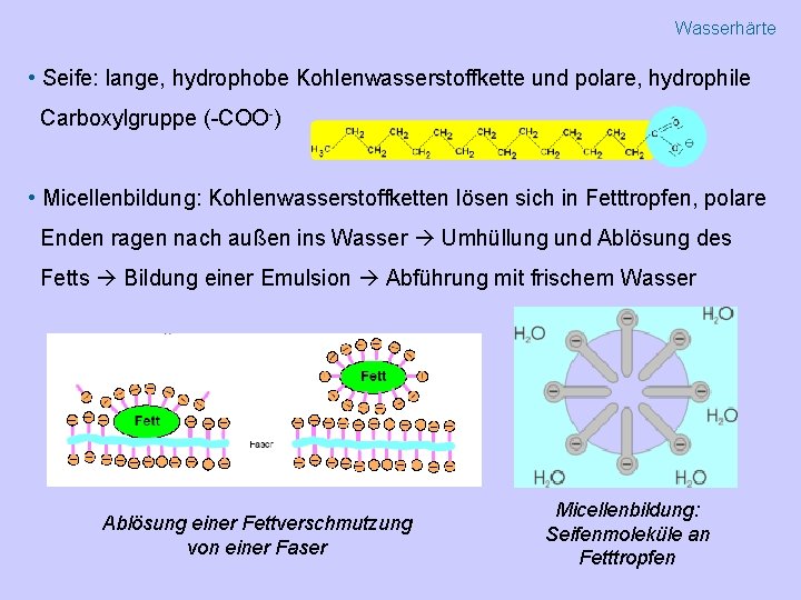 Wasserhärte • Seife: lange, hydrophobe Kohlenwasserstoffkette und polare, hydrophile Carboxylgruppe (-COO-) • Micellenbildung: Kohlenwasserstoffketten