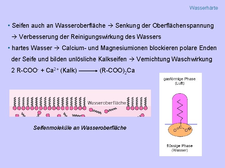 Wasserhärte • Seifen auch an Wasseroberfläche Senkung der Oberflächenspannung Verbesserung der Reinigungswirkung des Wassers