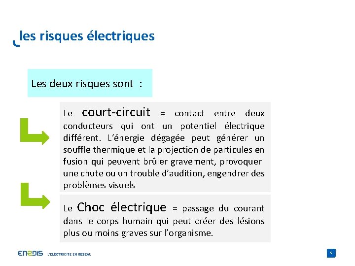 les risques électriques Les deux risques sont : Le court-circuit = contact entre deux