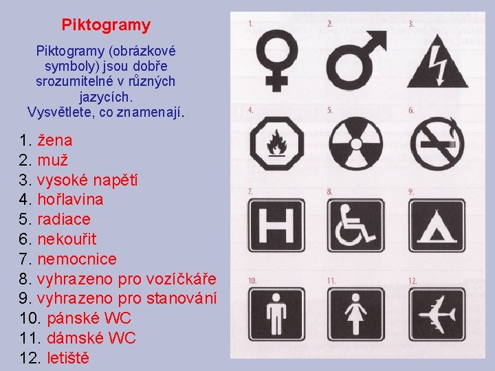 Piktogramy (obrázkové symboly) jsou dobře srozumitelné v různých jazycích. Vysvětlete, co znamenají. 1. žena