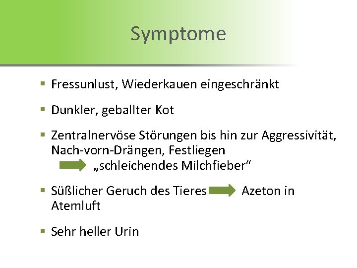 Symptome § Fressunlust, Wiederkauen eingeschränkt § Dunkler, geballter Kot § Zentralnervöse Störungen bis hin