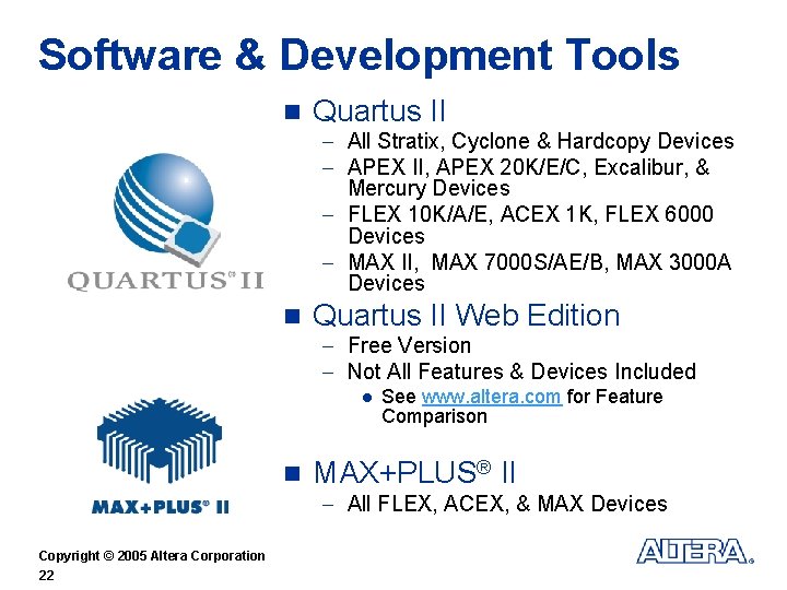 Software & Development Tools n Quartus II - All Stratix, Cyclone & Hardcopy Devices