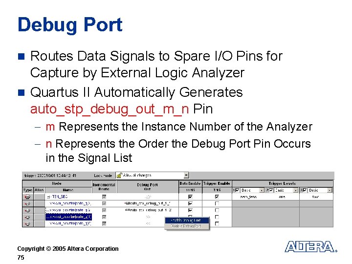 Debug Port Routes Data Signals to Spare I/O Pins for Capture by External Logic