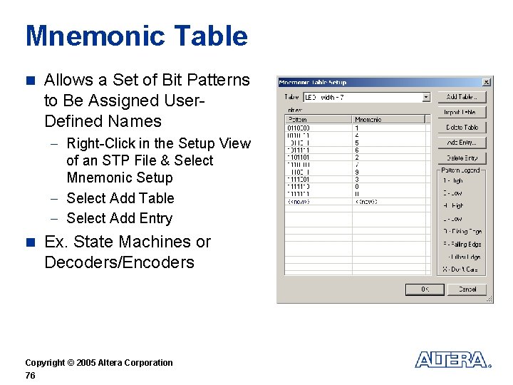 Mnemonic Table n Allows a Set of Bit Patterns to Be Assigned User. Defined