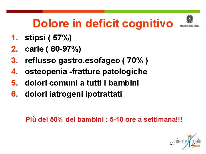 Dolore in deficit cognitivo 1. 2. 3. 4. 5. 6. stipsi ( 57%) carie