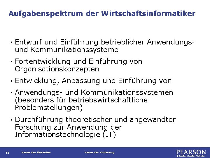 Aufgabenspektrum der Wirtschaftsinformatiker 15 • Entwurf und Einführung betrieblicher Anwendungsund Kommunikationssysteme • Fortentwicklung und