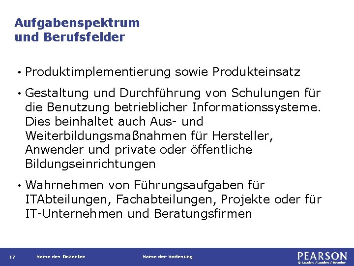 Aufgabenspektrum und Berufsfelder 17 • Produktimplementierung sowie Produkteinsatz • Gestaltung und Durchführung von Schulungen