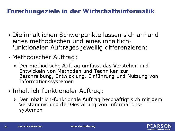 Forschungsziele in der Wirtschaftsinformatik • Die inhaltlichen Schwerpunkte lassen sich anhand eines methodischen und