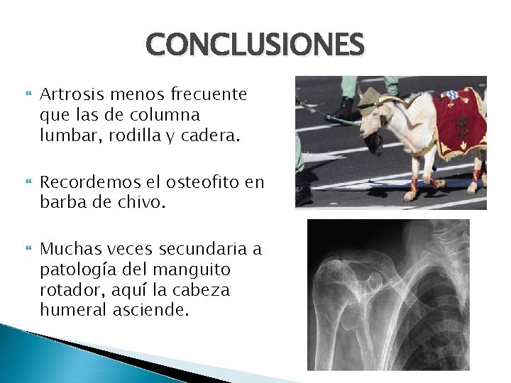 CONCLUSIONES Artrosis menos frecuente que las de columna lumbar, rodilla y cadera. Recordemos el