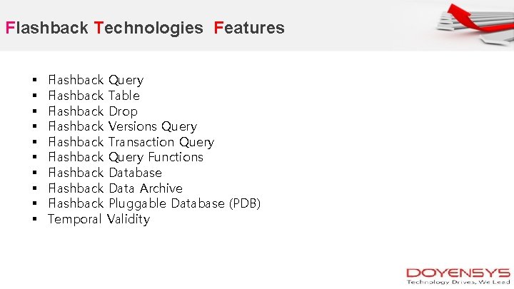 Flashback Technologies Features § § § § § Flashback Query Flashback Table Flashback Drop